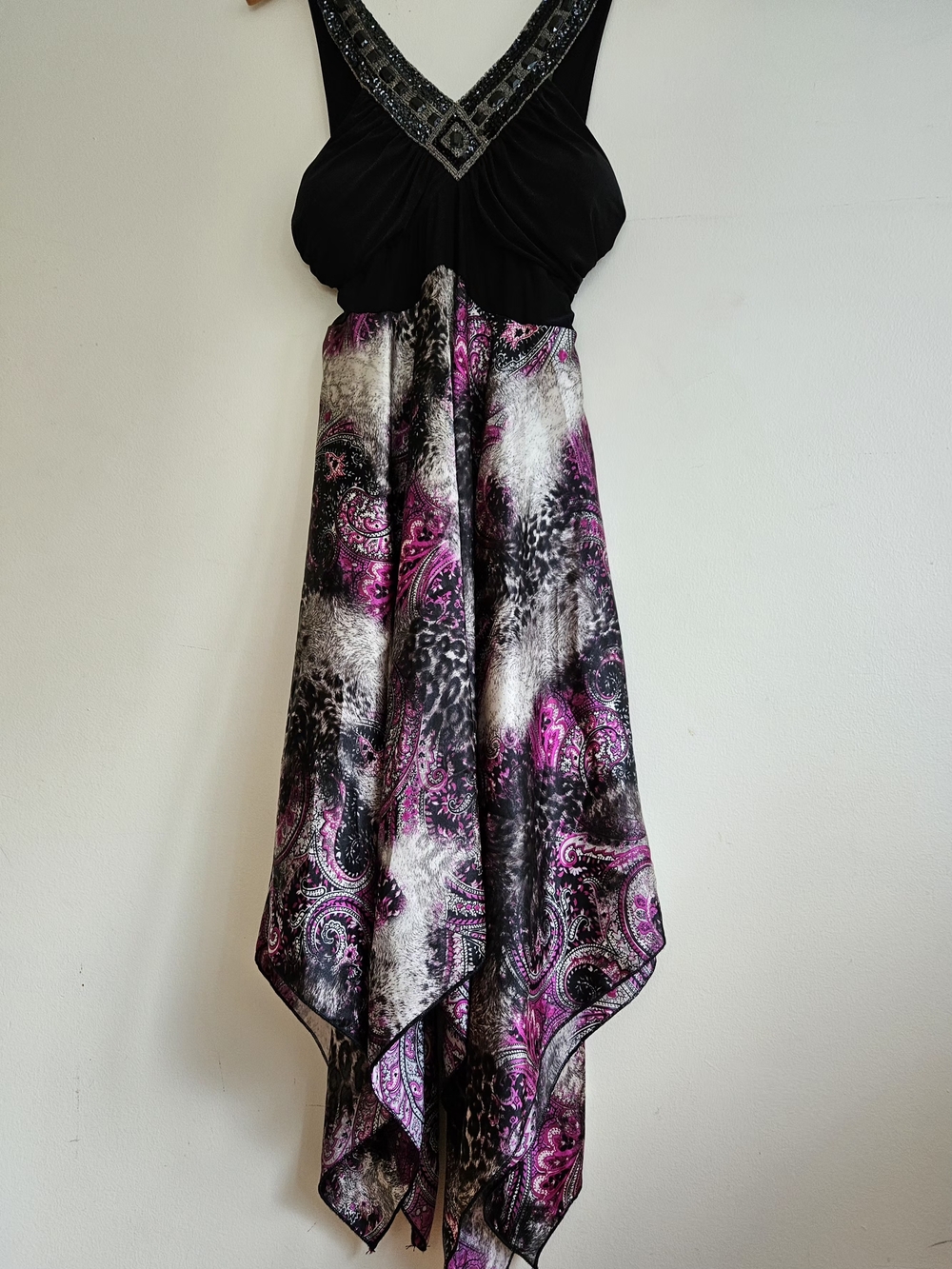Black & Pink Paisley Asymmetrical Handkerchief Hem Dress